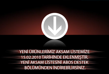 Yeni ürünlerimiz aksam listemize 15.02.2010 itibariyle eklenmiştir. Aksam listesine eklenen yeni ürünlerimiz: Safefast Sıralı Sistem ECU Safefast Sıralı Sistem MAP Safefast Sıralı Sistem Anahtar Regülatör SR04 Yeni aksam listesini ABOS destek bölümünden indirebilirsiniz.